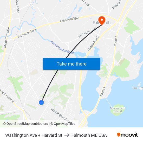 Washington Ave + Harvard St to Falmouth ME USA map