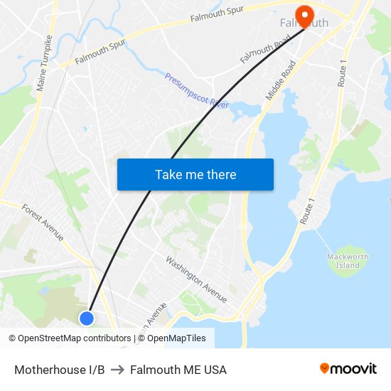 Motherhouse I/B to Falmouth ME USA map