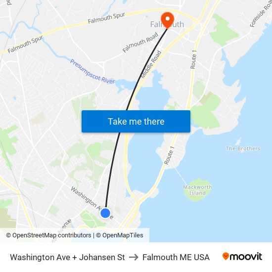 Washington Ave + Johansen St to Falmouth ME USA map