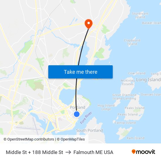 Middle St + 188 Middle St to Falmouth ME USA map