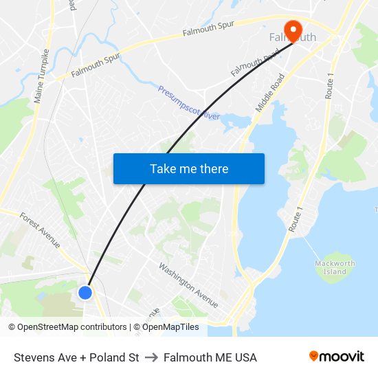 Stevens Ave + Poland St to Falmouth ME USA map