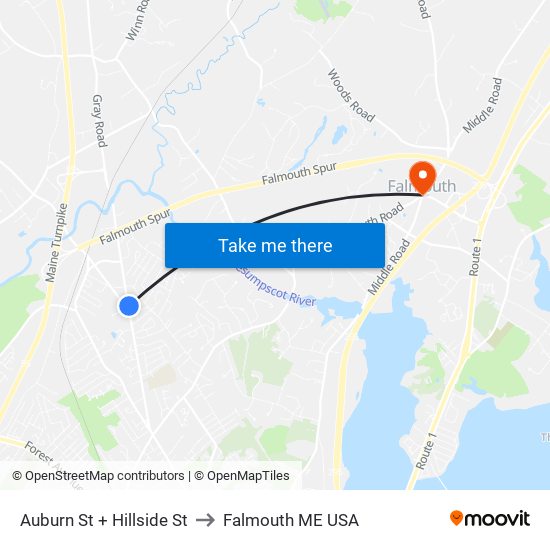 Auburn St + Hillside St to Falmouth ME USA map