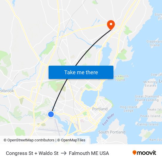 Congress St + Waldo St to Falmouth ME USA map