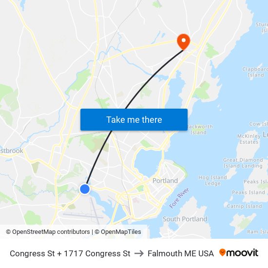 Congress St + 1717 Congress St to Falmouth ME USA map
