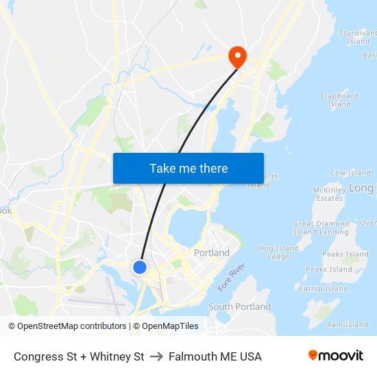 Congress St + Whitney St to Falmouth ME USA map