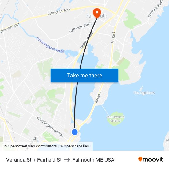 Veranda St + Fairfield St to Falmouth ME USA map