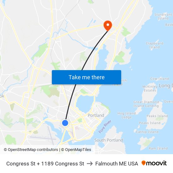 Congress St + 1189 Congress St to Falmouth ME USA map