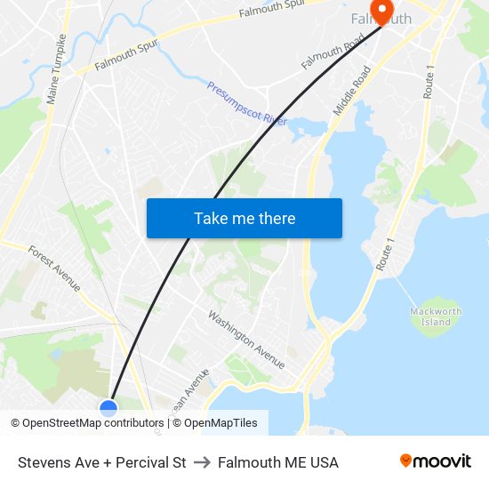 Stevens Ave + Percival St to Falmouth ME USA map