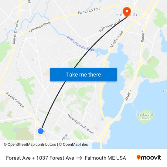 Forest Ave + 1037 Forest Ave to Falmouth ME USA map