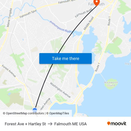 Forest Ave + Hartley St to Falmouth ME USA map