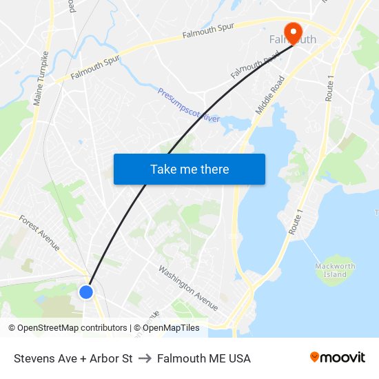Stevens Ave + Arbor St to Falmouth ME USA map