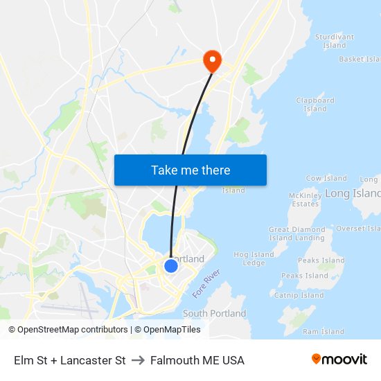 Elm St + Lancaster St to Falmouth ME USA map