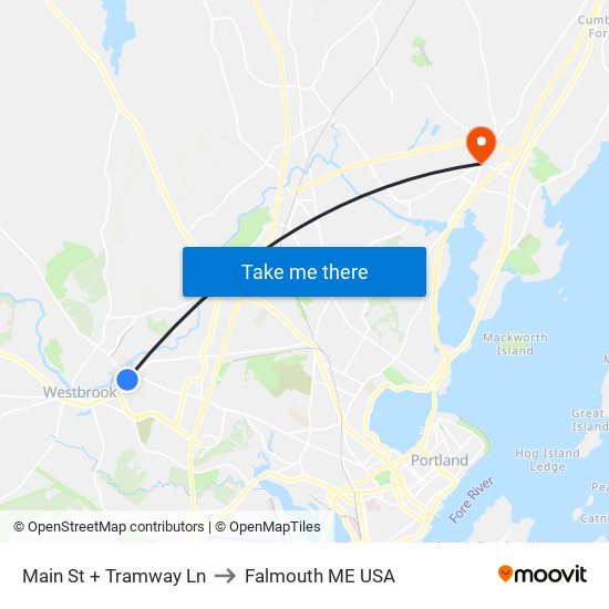 Main St + Tramway Ln to Falmouth ME USA map