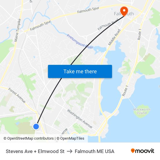 Stevens Ave + Elmwood St to Falmouth ME USA map