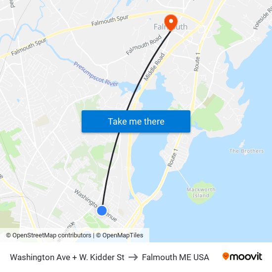 Washington Ave + W. Kidder St to Falmouth ME USA map