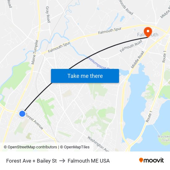 Forest Ave + Bailey St to Falmouth ME USA map