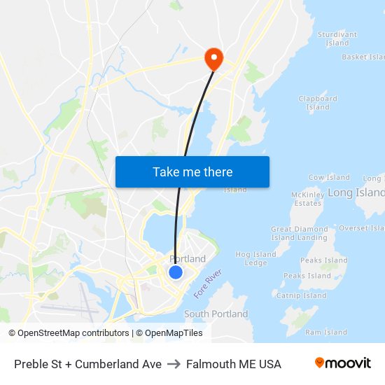 Preble St + Cumberland Ave to Falmouth ME USA map