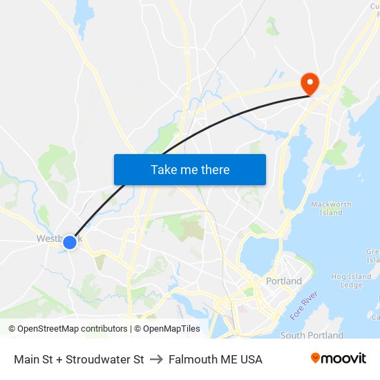 Main St + Stroudwater St to Falmouth ME USA map