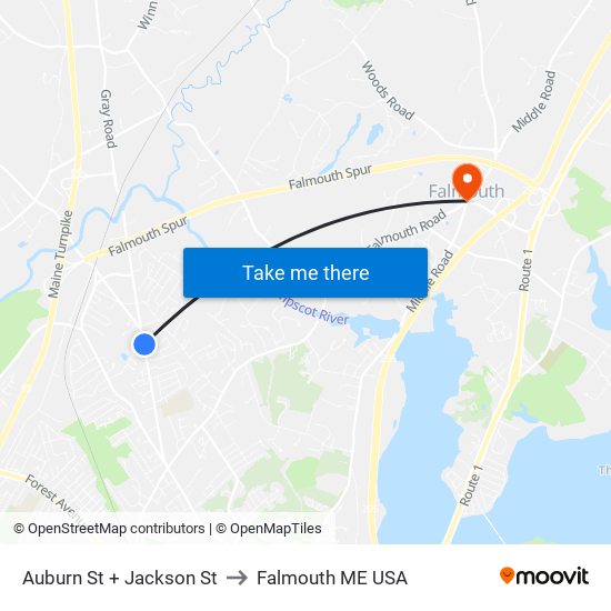 Auburn St + Jackson St to Falmouth ME USA map