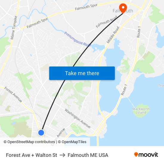 Forest Ave + Walton St to Falmouth ME USA map