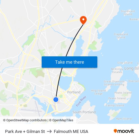 Park Ave + Gilman St to Falmouth ME USA map