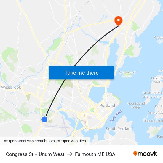 Congress St + Unum West to Falmouth ME USA map