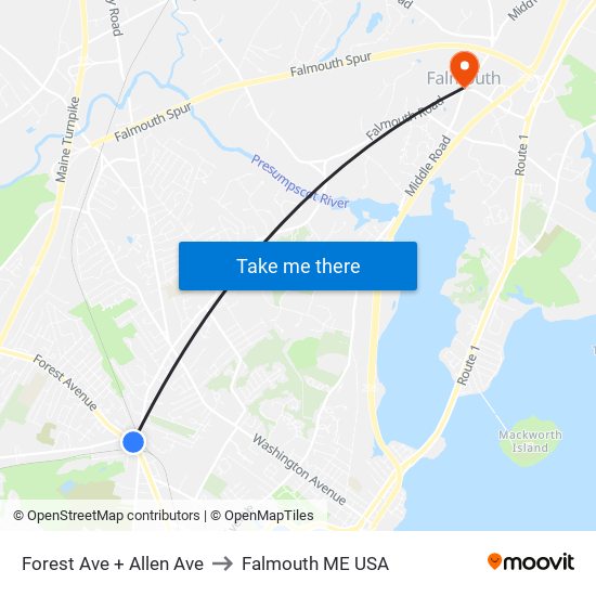 Forest Ave + Allen Ave to Falmouth ME USA map