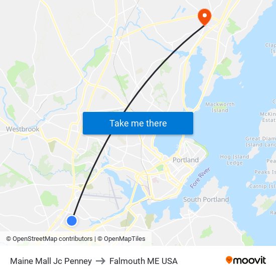 Maine Mall Jc Penney to Falmouth ME USA map