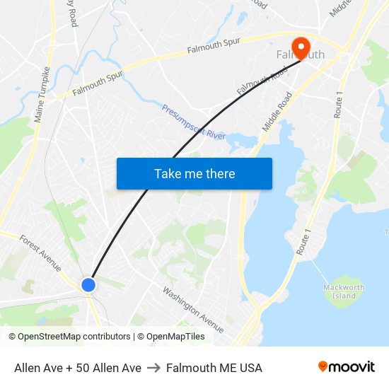 Allen Ave + 50 Allen Ave to Falmouth ME USA map