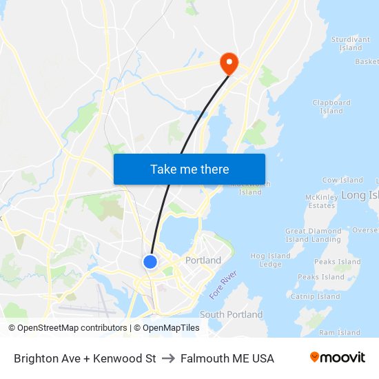 Brighton Ave + Kenwood St to Falmouth ME USA map