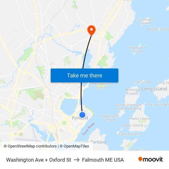 Washington Ave + Oxford St to Falmouth ME USA map