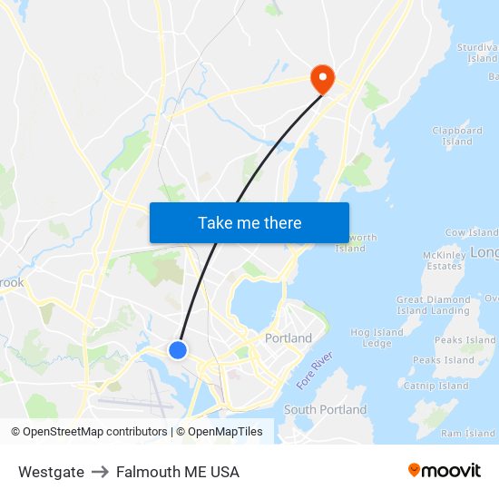 Westgate to Falmouth ME USA map