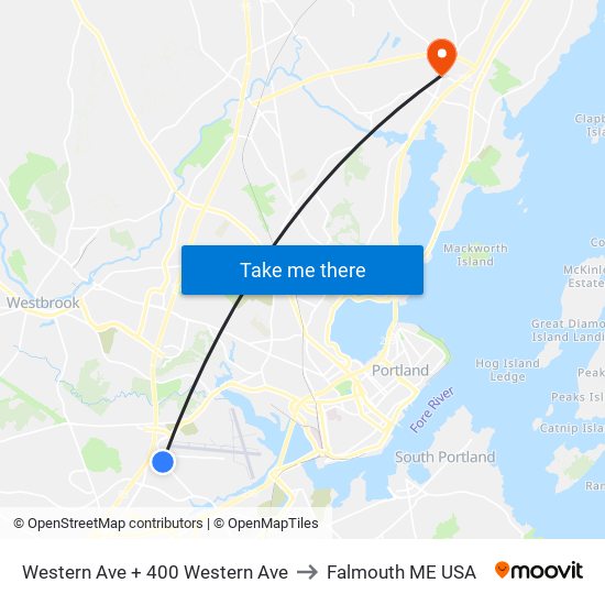 Western Ave + 400 Western Ave to Falmouth ME USA map