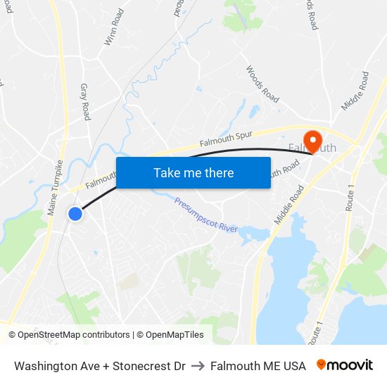 Washington Ave + Stonecrest Dr to Falmouth ME USA map