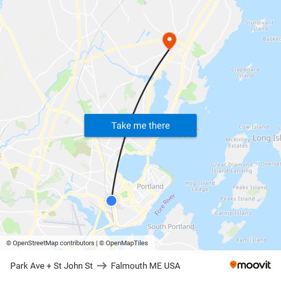 Park Ave + St John St to Falmouth ME USA map