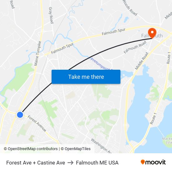 Forest Ave + Castine Ave to Falmouth ME USA map