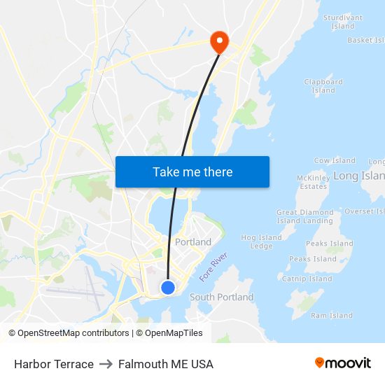 Harbor Terrace to Falmouth ME USA map