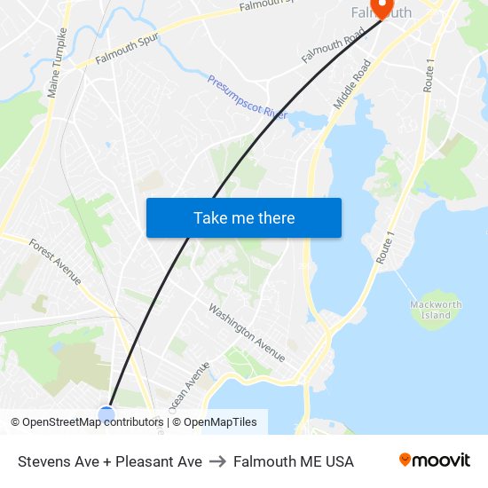 Stevens Ave + Pleasant Ave to Falmouth ME USA map