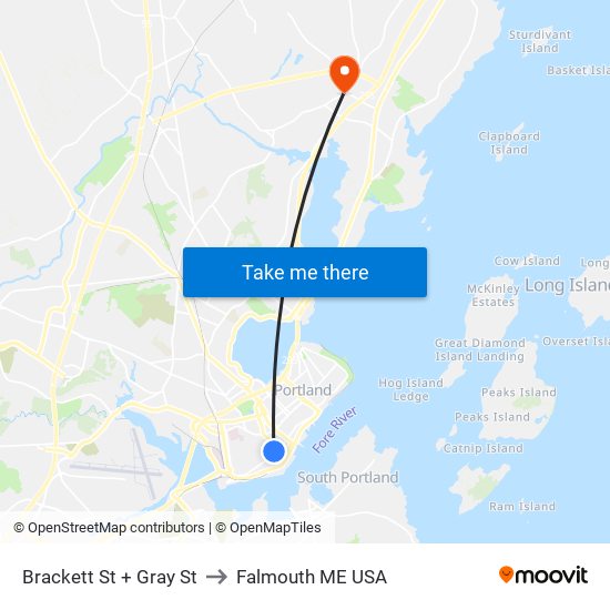 Brackett St + Gray St to Falmouth ME USA map