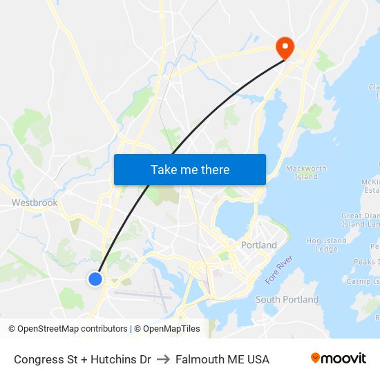 Congress St + Hutchins Dr to Falmouth ME USA map