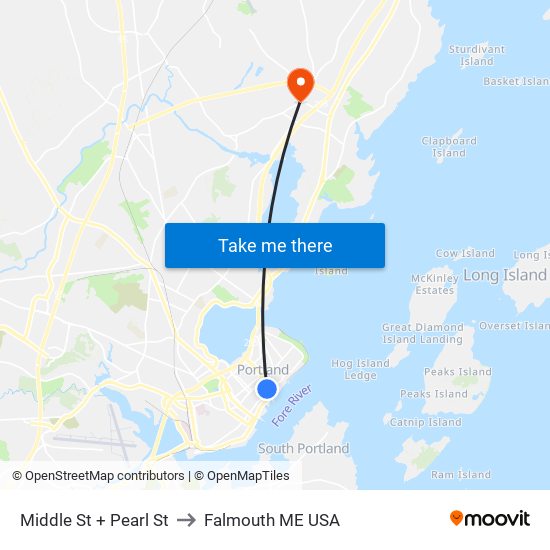 Middle St + Pearl St to Falmouth ME USA map