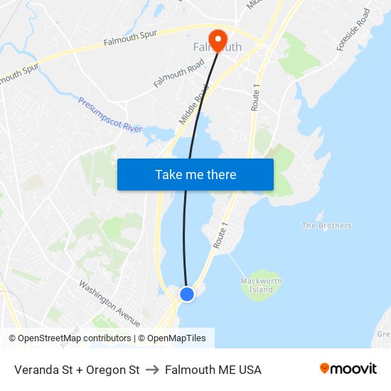 Veranda St + Oregon St to Falmouth ME USA map