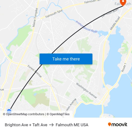 Brighton Ave + Taft Ave to Falmouth ME USA map