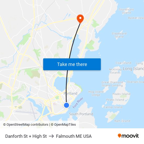 Danforth St + High St to Falmouth ME USA map