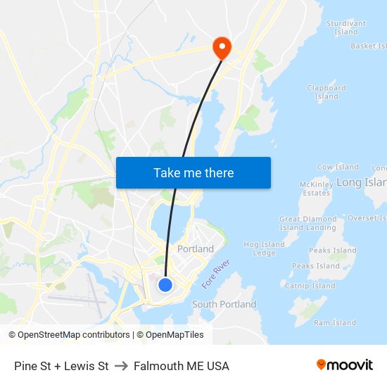 Pine St + Lewis St to Falmouth ME USA map