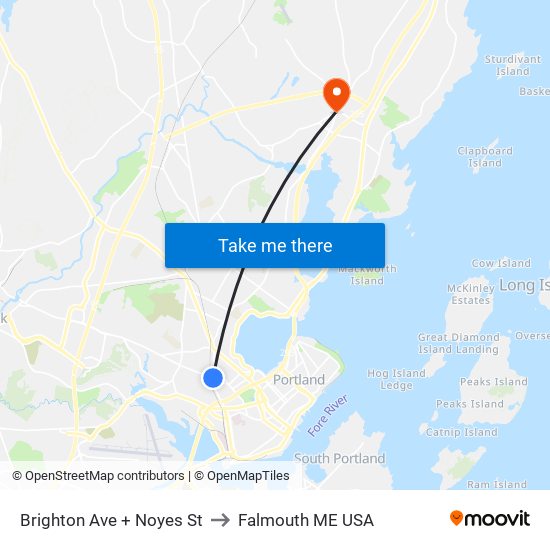 Brighton Ave + Noyes St to Falmouth ME USA map