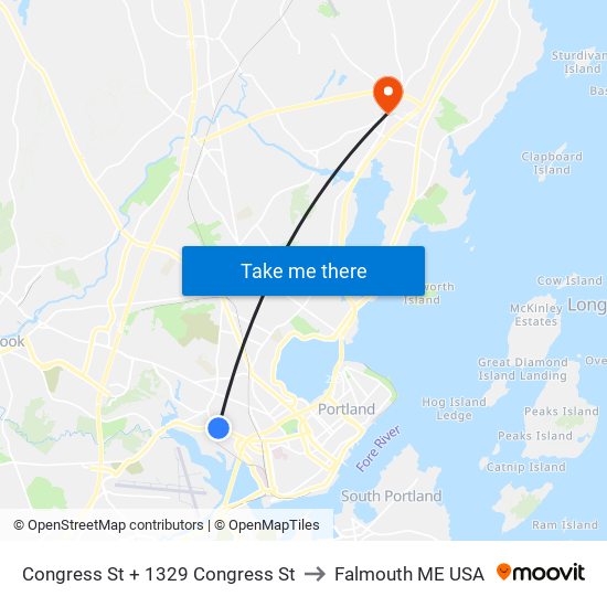 Congress St + 1329 Congress St to Falmouth ME USA map