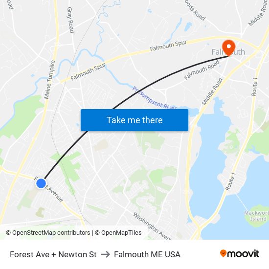 Forest Ave + Newton St to Falmouth ME USA map