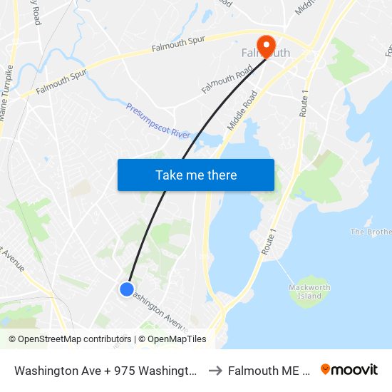 Washington Ave + 975 Washington Ave to Falmouth ME USA map