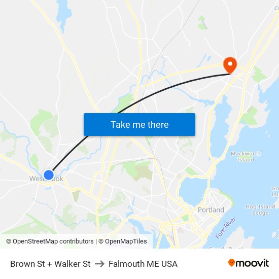 Brown St + Walker St to Falmouth ME USA map